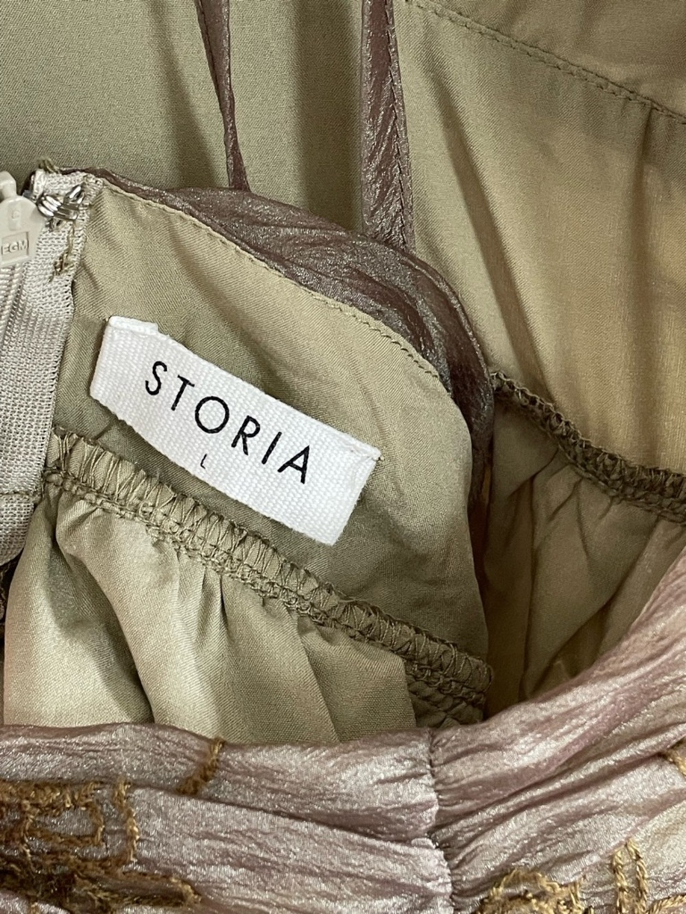 Storia Backless Corset Ruffled Maxi Dress in Olive-Taupe-Gold Wedding Guest READ - Picture 3 of 13